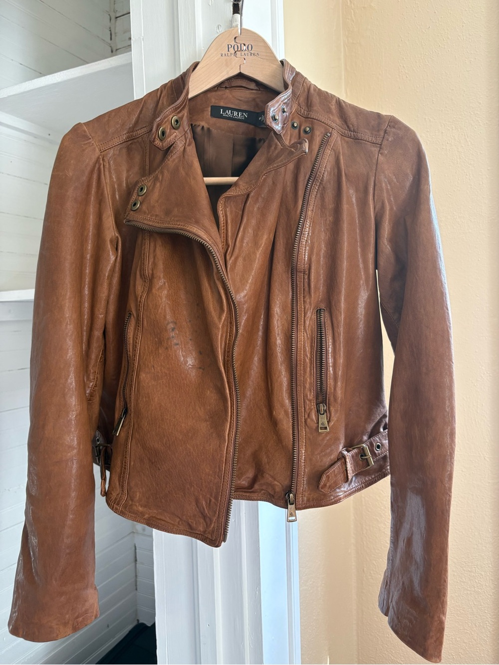 Ralph Lauren Women's Cognac Brown Leather Moto Jacket
